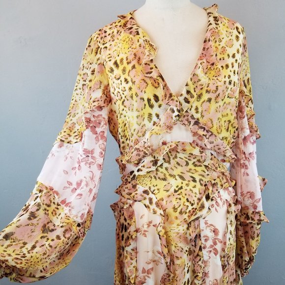 Bardot Blush & Yellow Print Frill Ruffle A Line Maxi Dress Size Medium NEW - Picture 2 of 11